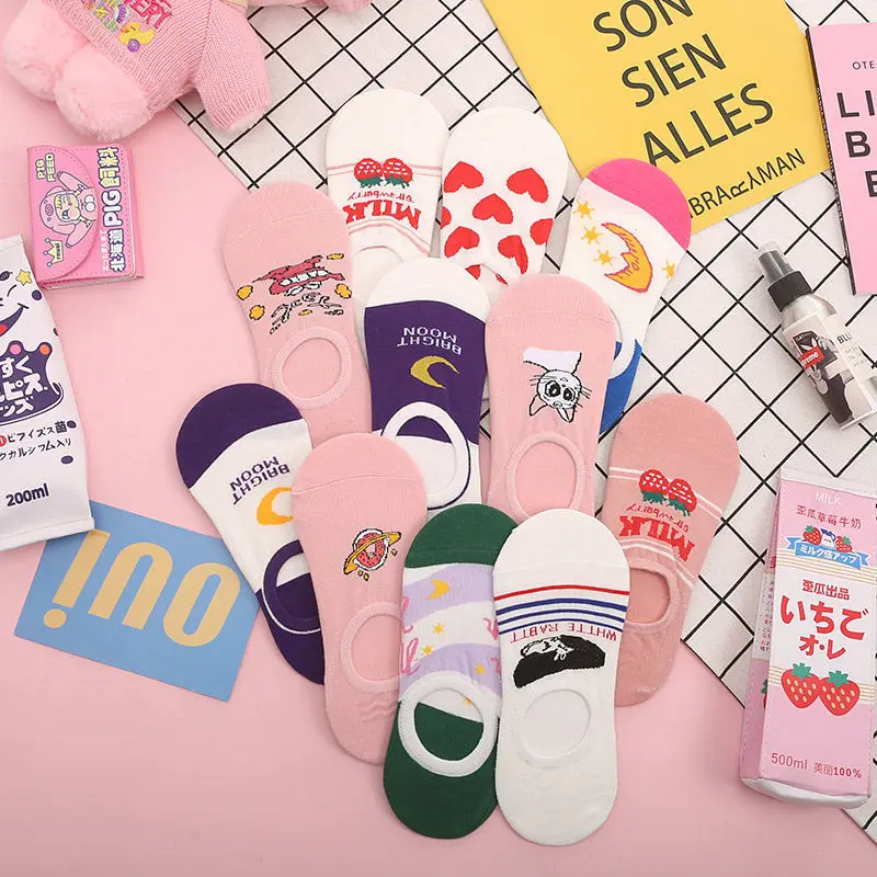 Sfree 6Pairs Purple Moon Socks Female Summer Thin Invisible Socks Korean Girl Cute Japanese Cartoon Sex Heart Socks