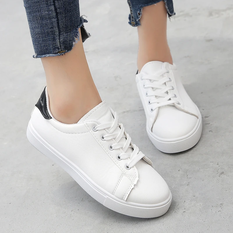 

Lucyever New White Casual Shoes Women 2021 Autumn Round Toe Lace-up Flat Shoes Woman Pu Leather Shallow Platform Sneakers Ladies