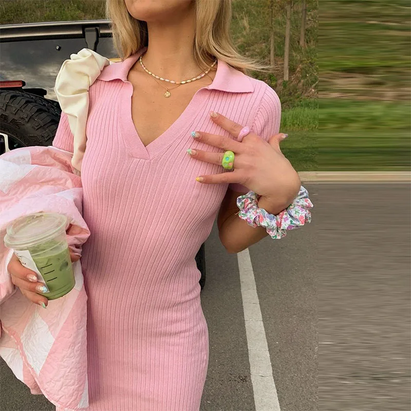 

Сексуальное женское облегающее платье с открытой спиной Y2K, шикарные платья средней длины в рубчик с отворотом и V-образным вырезом