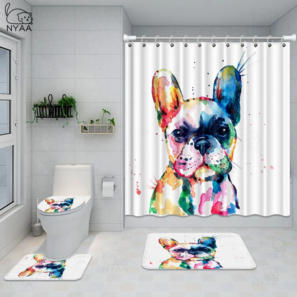 Economici Simpatici Cani Modello Stampato Tenda Da Doccia Impermeabile Piedistallo Tappeto Coperchio Coperchio Tappetino Da Bagno Set Bulldog Francese Tenda Da Bagno