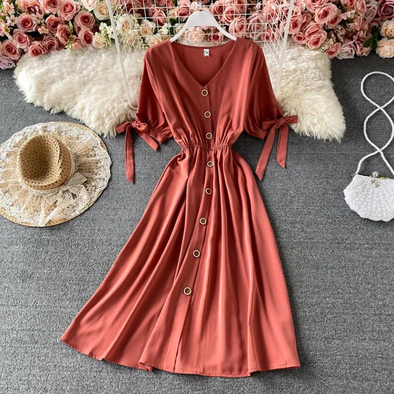 2021 V-cuello vestido de verano Vestido de manga corta Vintage rojo línea Mid-Calf playa Bohemia mujeres vestido Vestidos casuales