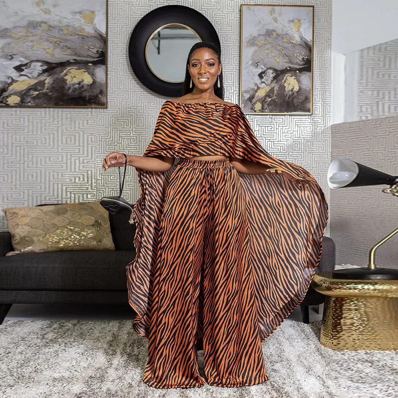 

2 Piece Set Women Africa Clothing Dashiki Summer Leopard Print Cloak Top+ Wide Leg Pants Fashion Party Vestidos African Outfits