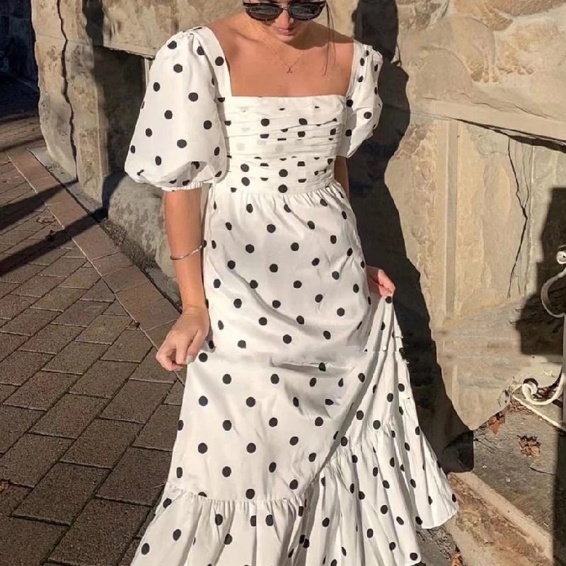 

Women Midi Dress Puff Sleeve Square Collar Slim Waist High Waist 2021 Summer Lady Polka Dot Dress Robe