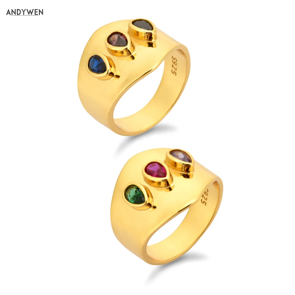 ANDYWEN 925 пробы серебряный золотой драгоценный камень большие кольца три циркона