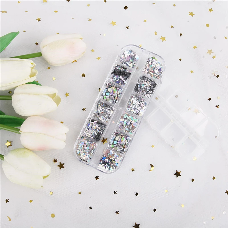 12 Сетки голографические Блестки для лазерного маникюра смешанные Треугольники