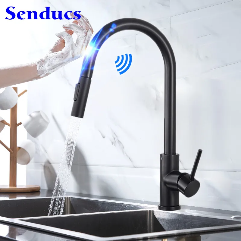 

Senducs Touch Kitchen Faucets of Matte Black Pull Down Kitchen Mixer Faucet Hot Cold Water Tap Sensitive Touch Kitchen Faucets