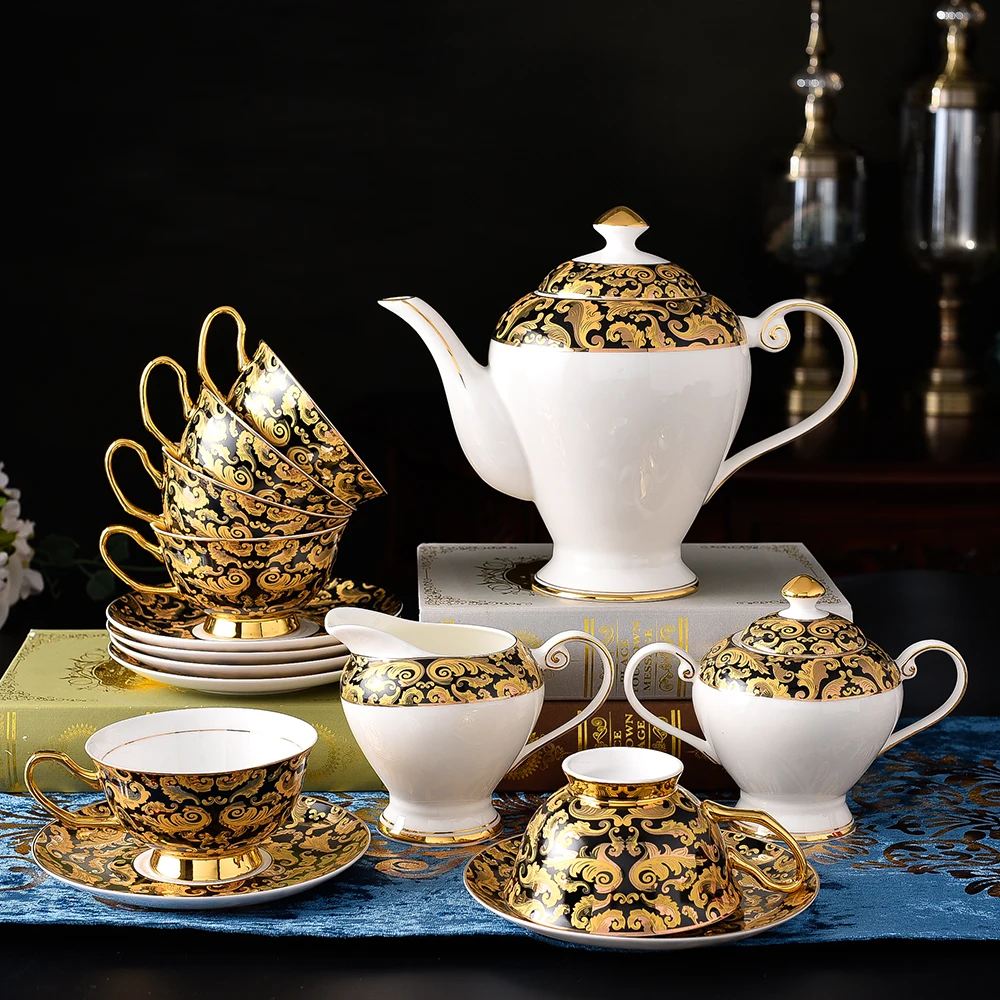 

15 Pcs Luxurious Classical Style Ceramic Tea Set Gold Porcelain Drinkware Set for Afternoon Tea 6 Person