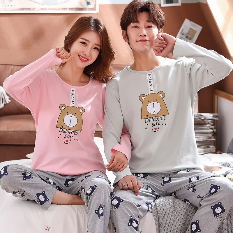 Новый осенний хлопковый пижамный комплект для пар мультяшная женская пижама с