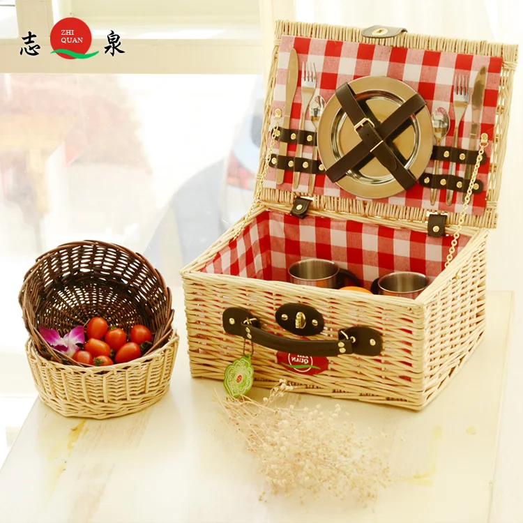 

Wicker picnic basket handmade green pastoral wicker mountain portable tableware camping shopping basket set