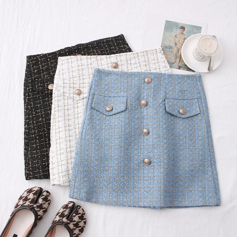 

2021 Spring Autumn Women Solid High Waist Skirts Buttons Double Breasted Wool Mini Skirt