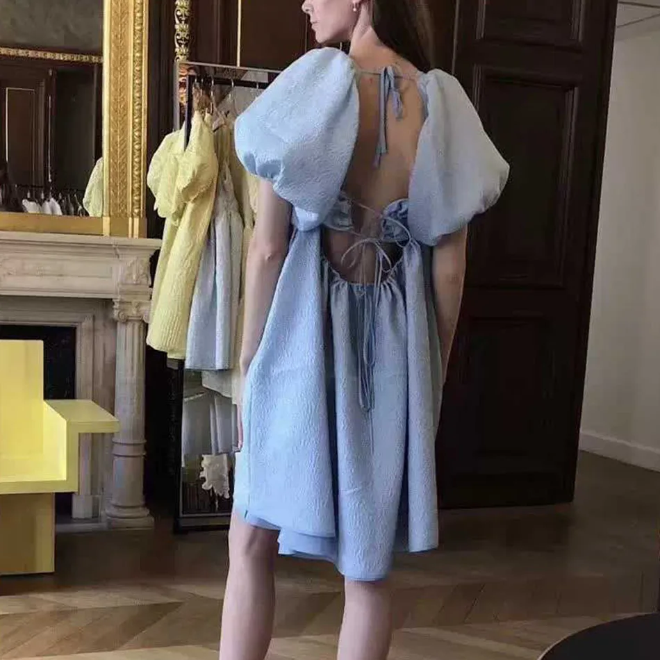 

2020 Summer Women's New French Sky Blue Puff Sleeve Dress with Square Collar Sweet Backless Lace Up Puffy Dress