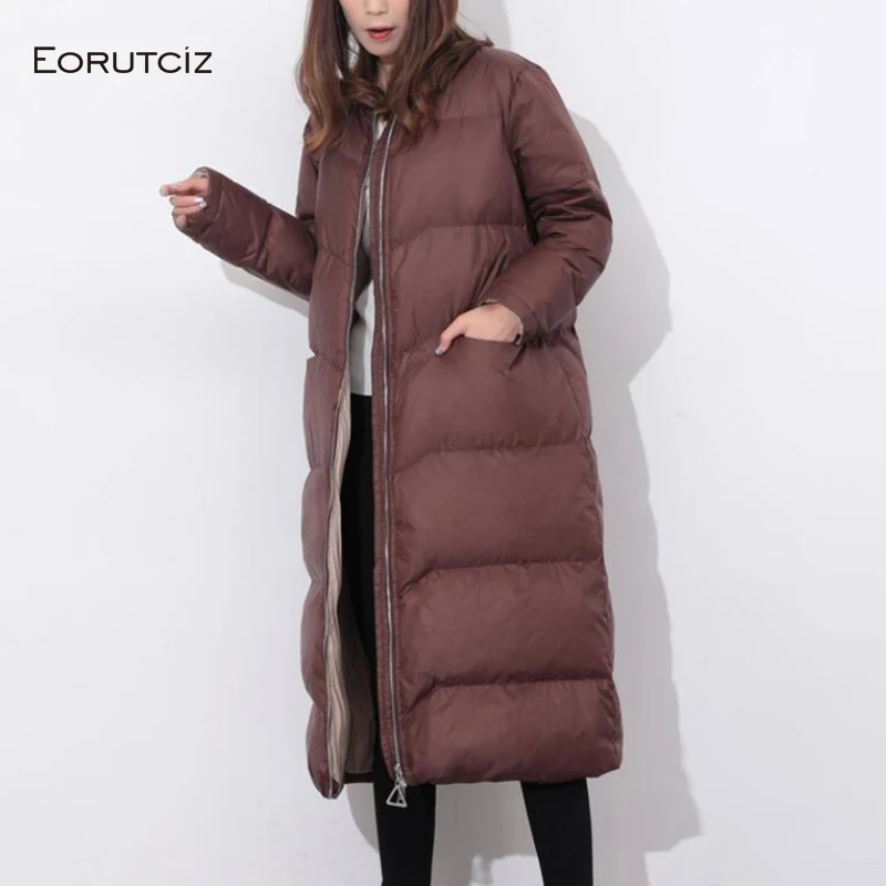 

Женское длинное пальто на утином пуху EORUTCIZ, теплое приталенное повседневное черное пальто большого размера с карманами, модель LM725 на зиму