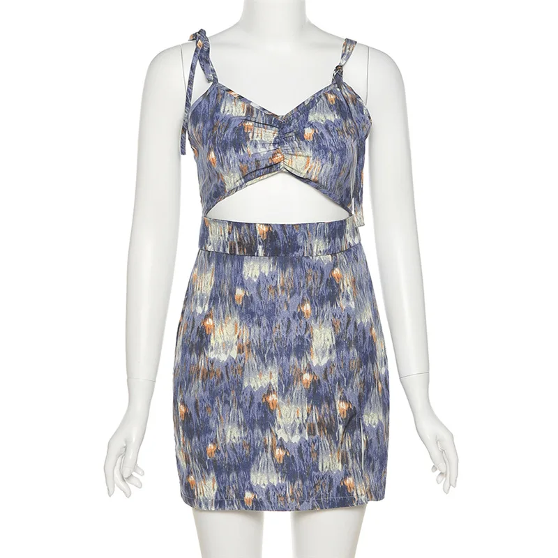 

Mini Dresses High Waist Elegant Dress Lace Up Hollow Out Backless Tie-Dye Streetwear V-Neck Sling Split A-Line Robes Summer