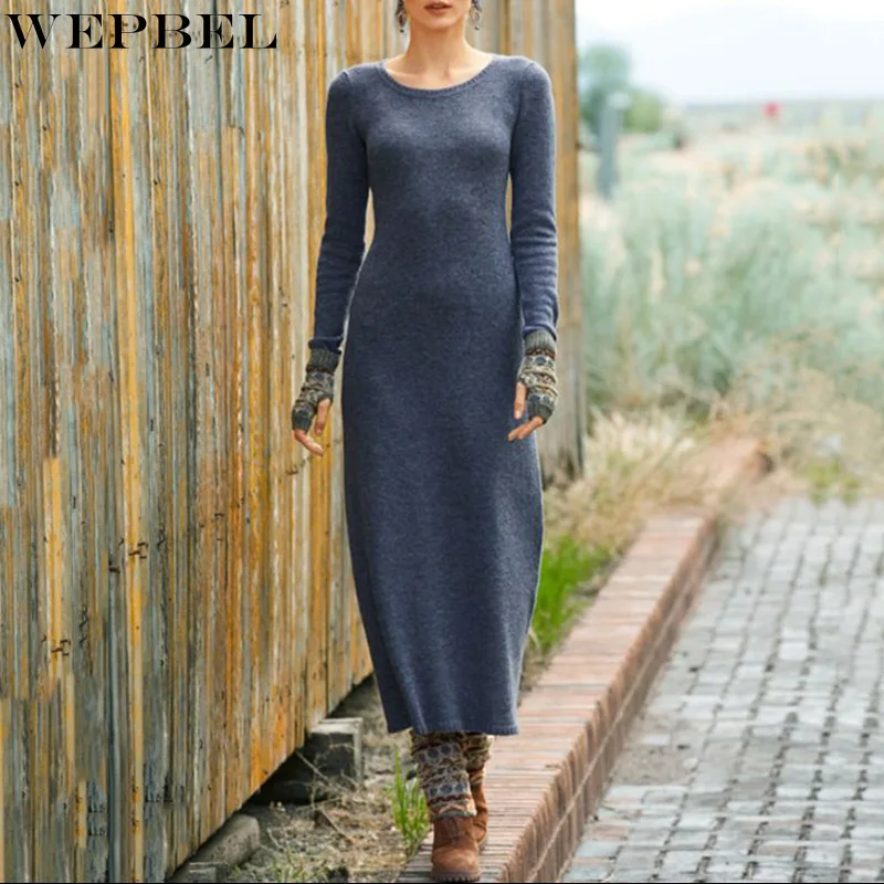 

Платье WEPBEL, женское повседневное однотонное облегающее платье с высокой талией, Осеннее модное трикотажное платье с длинным рукавом и круг...