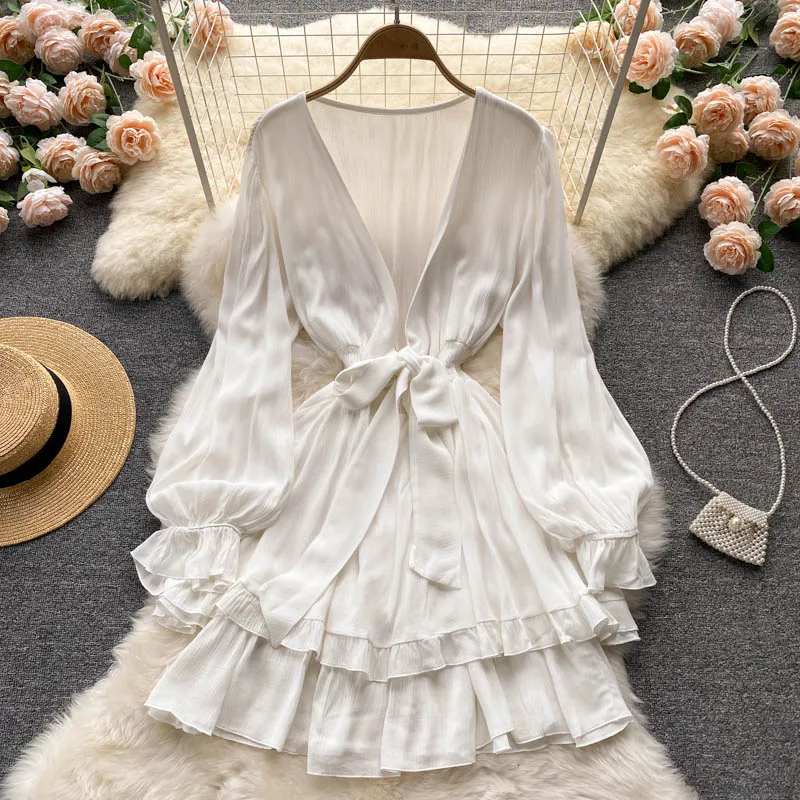 

Fashion Korean Dress Women Long Sleeve V Neck Elastic Ruched A-line Dresses Autumn Sweet Ruffles Streetwear Mini Dress