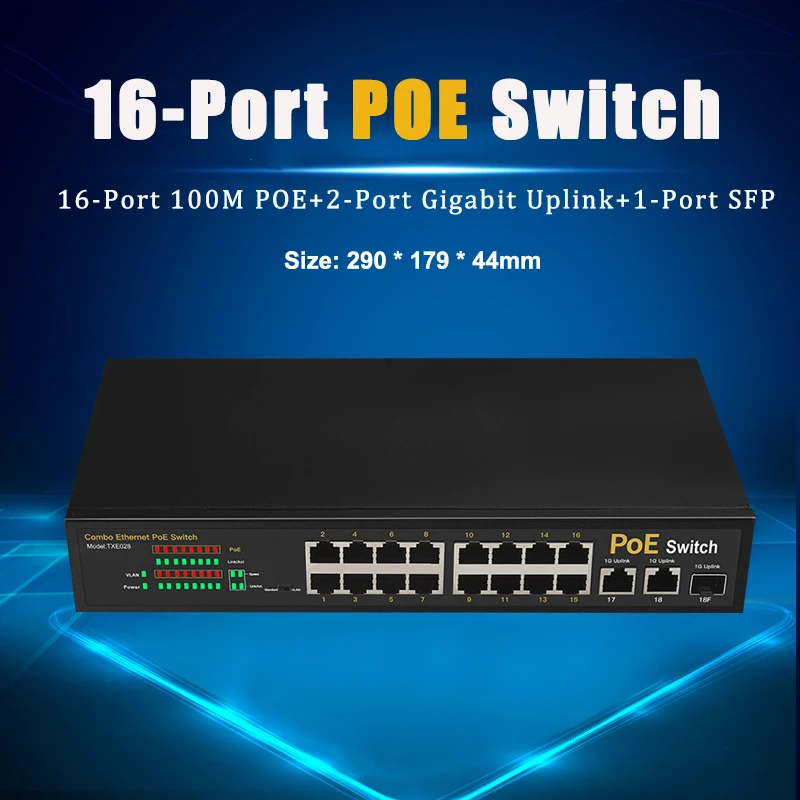 100M POE Switch Ethernet 16-Port+2-Port Gigabit Uplink+1SFP VLAN Fast with Metal Shell For Monitoring Camera Power Supply | Компьютеры и