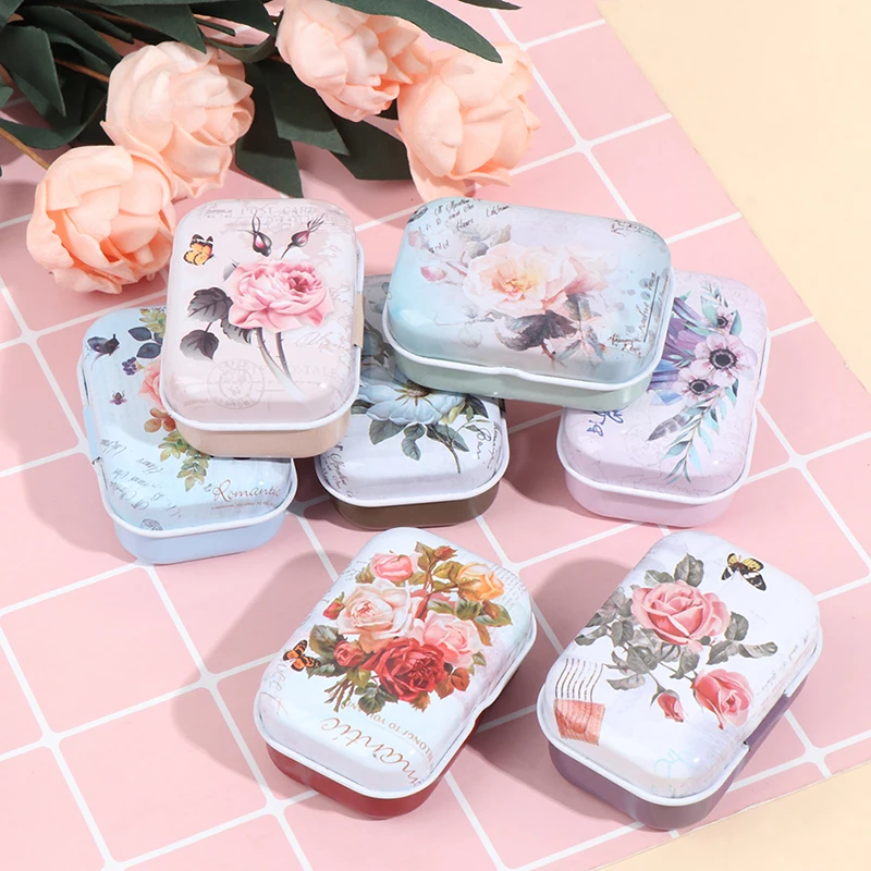 Mini Flower Tin Trinket Jewelry Coin Box Tinplate Storage Case Rectangul Sugar