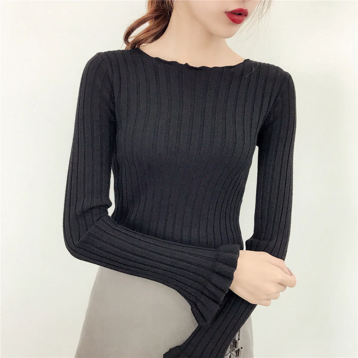 Женская трикотажная рубашка с круглым вырезом и длинным рукавом Новинка осени 2020