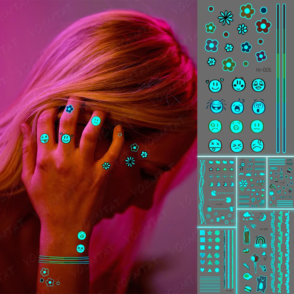 

Cute Flash Waterproof Temporary Tattoo Sticker Flower Line Blue Green Glow Fake Tatoo Face Hand Small Tatto Woman Kid Man