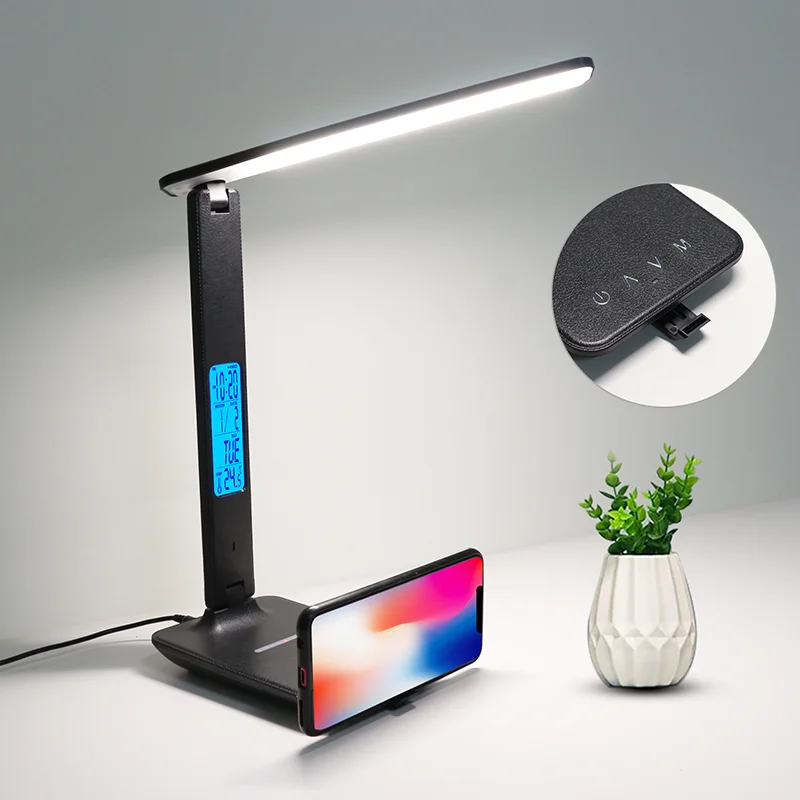 Hot LED Table Desk Lamp 5W QI Wireless Charging with Calendar Temperature Alarm Clock Eye Protect Read Light | Освещение