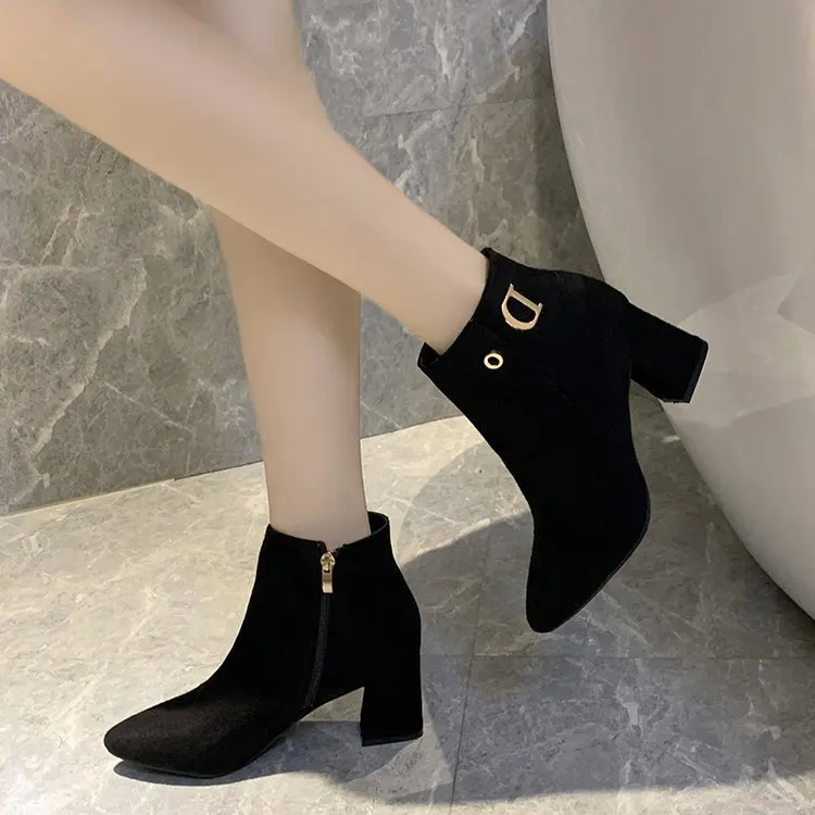 

Cotton Boots Women's Autumn and Winter 2021 New Women's Leather Boots Side Zipper Mid-heel Suede Short Tube Fashion Boots Women