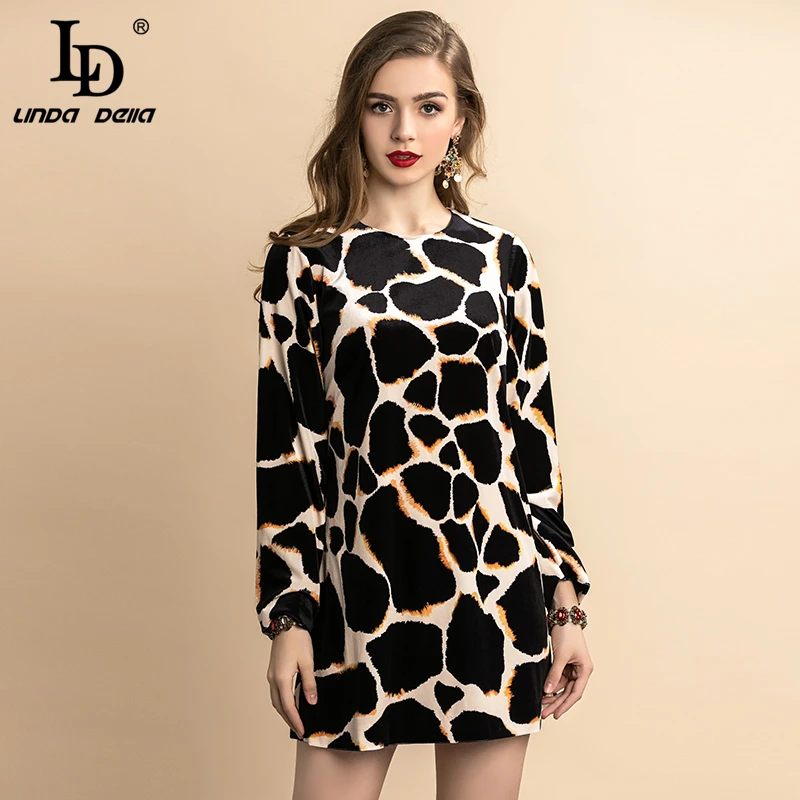 Женское Короткое платье в стиле ретро LD LINDA DELLA винтажное бархатные леопардовые платья с длинным рукавом