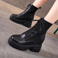boots womens round head lace up middle tube boots slope heel waterproof platform students show thin