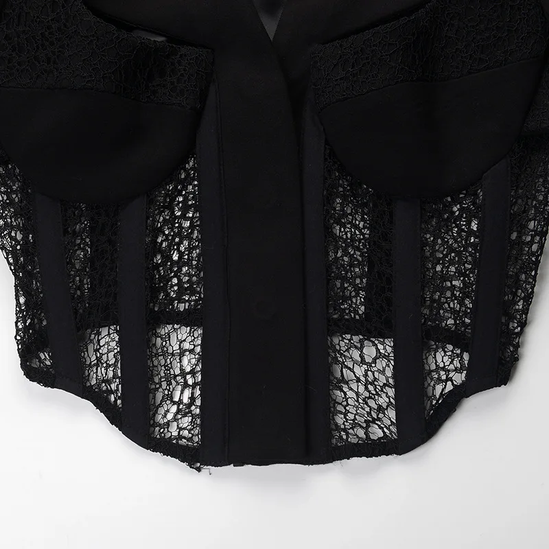 

[DEAT] Nothed Collar Hollow Out Lace Patchwork Fishbone Waist Pockets Long Sleeve Black Suit Jacket For Women 2021 Spring GX427