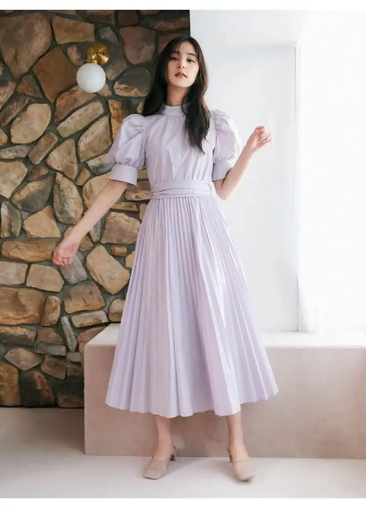 

2021 Spring and summer new women's two-piece dress stand collar Pleated Dress Sweet Princess Lantern Sleeve with belt