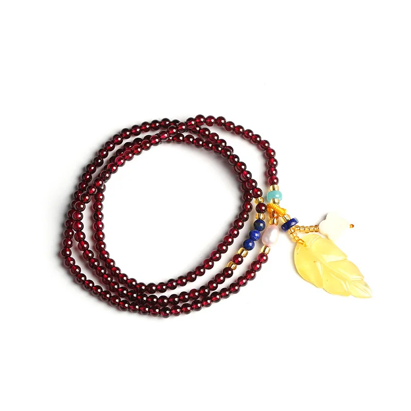 

OMHXZJ Wholesale CS297 European Fashion Woman Girl Party Birthday Wedding Gift Natural Garnet Amber Leaf Three Layers Bracelet