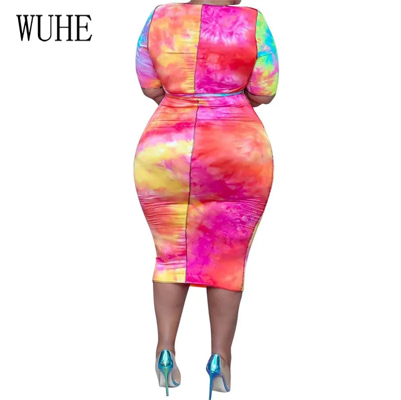 

WUHE Tie-dye Print Women Sexy Two Pieces Summer Plus Size XL-4XL O-neck Crop Tops High Waist Bodycon Pencil Skirts Sets