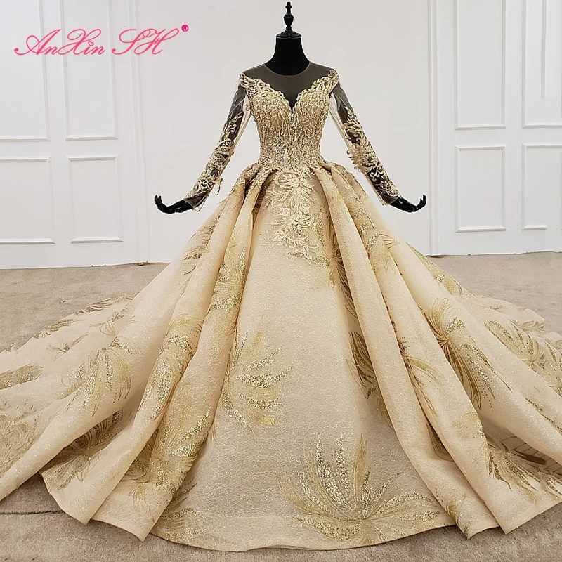 

AnXin SH Luxury princess golden flower lace beading crystal illusion o neck long sleeve ball gown wedding dress 100% real photo