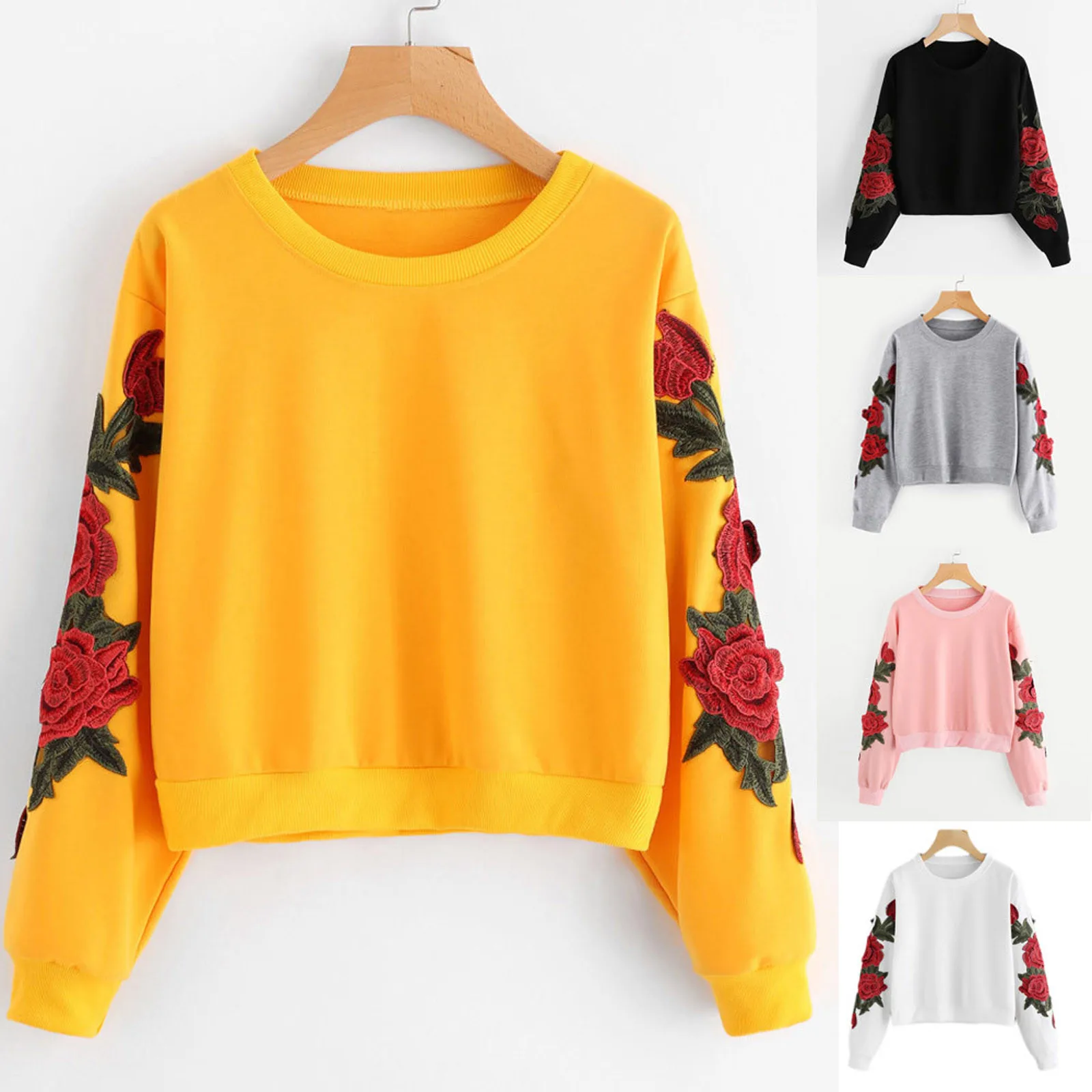 

Зимняя одежда женская модная толстовка с длинным рукавом с вышивкой розы аппликация пуловер с круглым вырезом Топы Блузка толстовка женска...