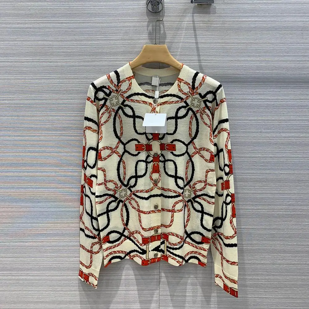 

luxury soft 100% wool knitted sweater runway design fashion jacquard chain thin cardigans for women casual o-neck knitwear
