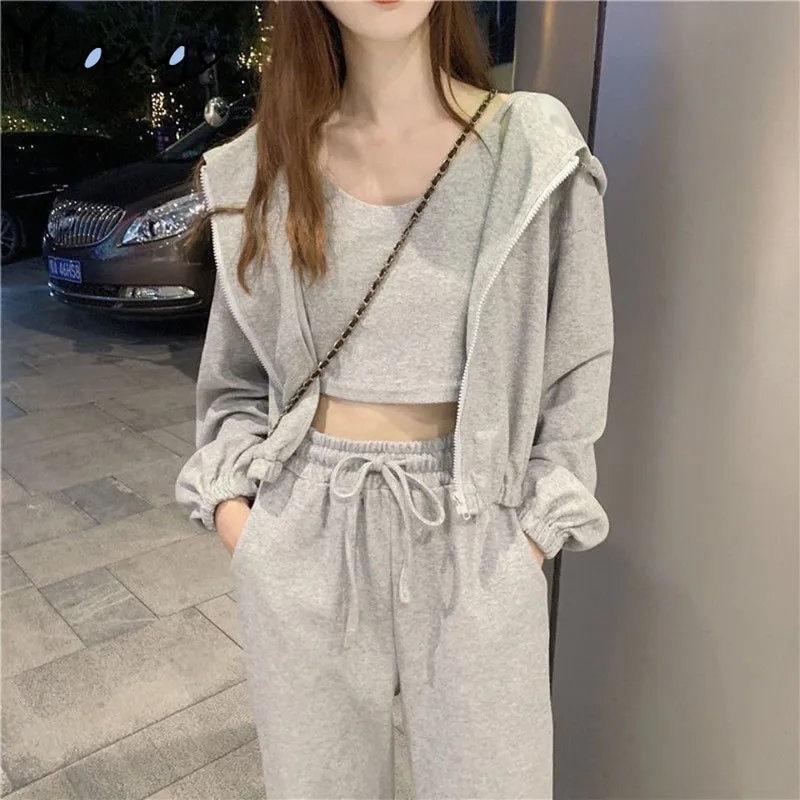 Women 3 Piece Set Solid Color Zip Hooded Drawstring Sweatshirts + Sexy vest+ Stretch Waist Casual Pants Fashion Suit tracksuit