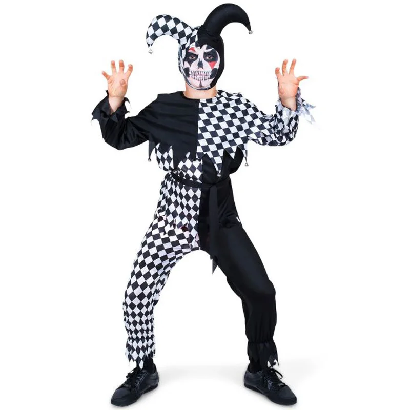 

Black Plaid Clown Jumpsuit For Boys Kids Halloween Costumes Joker Circus Performance Show Carnival Party