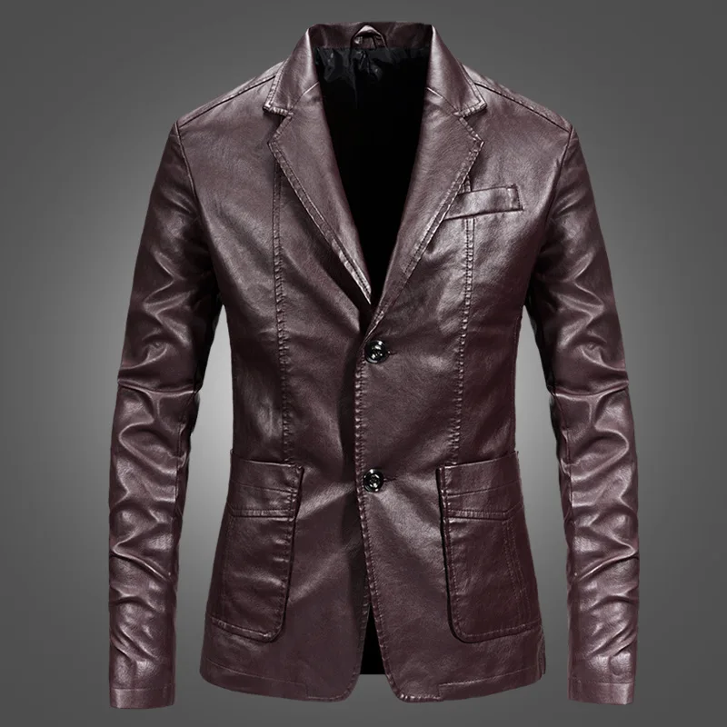 Мужской блейзер из искусственной кожи с лацканами длинным рукавом однобортный