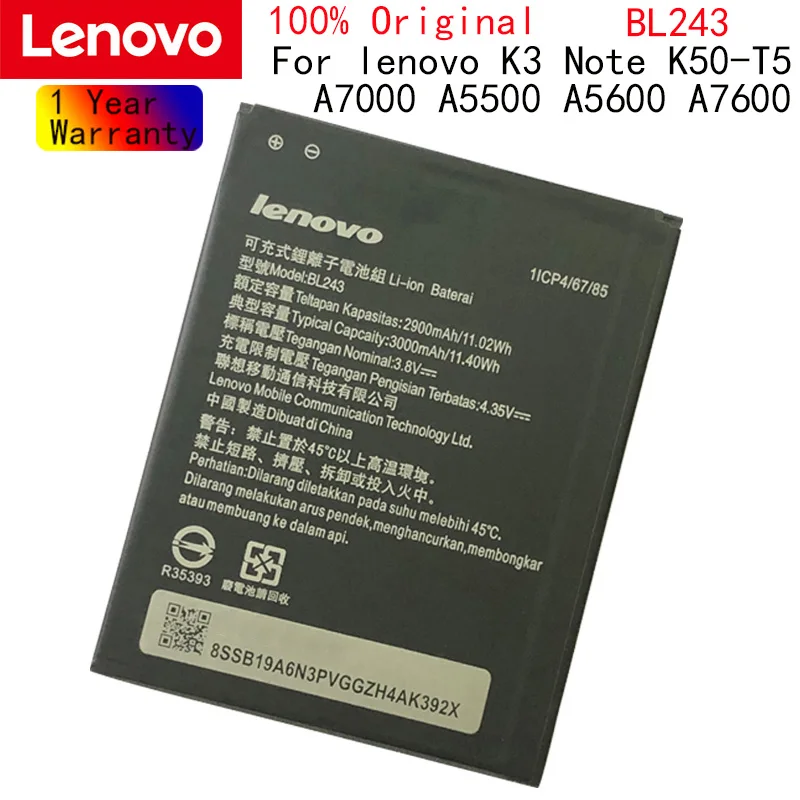 

Новый аккумулятор Lenovo BL 243 BL243 для lenovo Lemon K3 Note K50-T5 A7000 A5500 A5600 A7600 2900 мАч