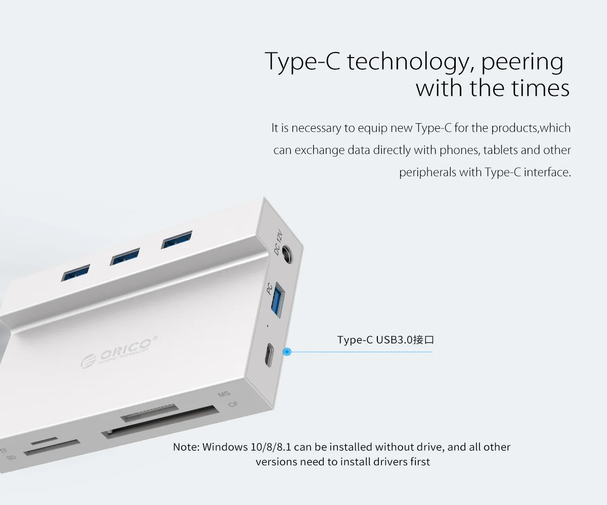 ORICO USB 3,0 концентратор к мульти USB3.0 RJ45 карты памяти SD/TF MS/CF Тип C разделительная карта считывания док-станция с Мощность адаптер для компьютера аксессуары