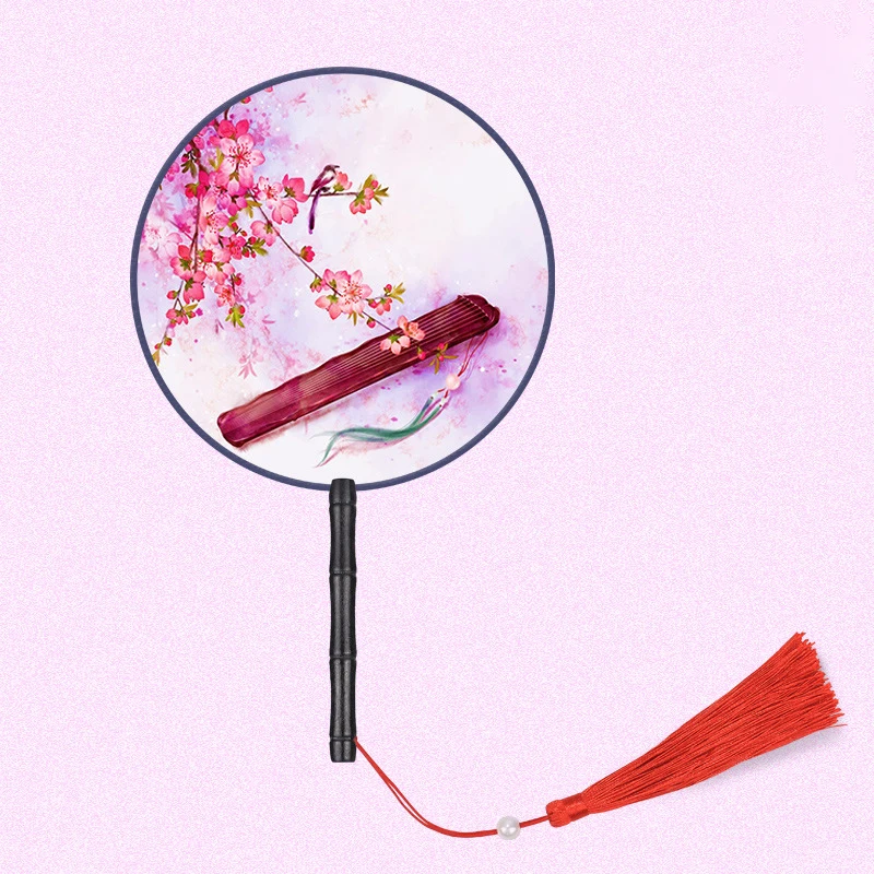 

Chinese Japanese Style Hand Fan with Wooden Handle Portable Handheld Vintage Round Tassel Dance Fan Wedding Favors