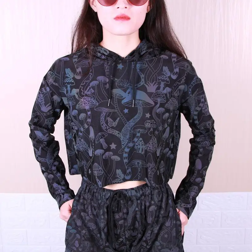 

Long sleeve crop top women autumn hoodie thin reflect light pullover hoody hip hop street fashion sweatshirt reflective night