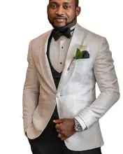 3 pçs conjuntos de ternos masculinos feitos sob medida branco padrão blazer preto colete calças xale lapela jaqueta formal masculino festa de casamento wear ternos (4)