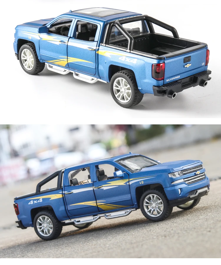 Ограниченная Chevrolet Silverado 4x4 1:32 модель автомобиля Diecasts игрушечный автомобиль звуковой светильник оттягивающий назад детские игрушки автомобиль Рождество