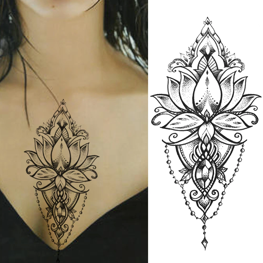 Уникальные временные татуировки с черным лотосом наклейки для взрослых женщин