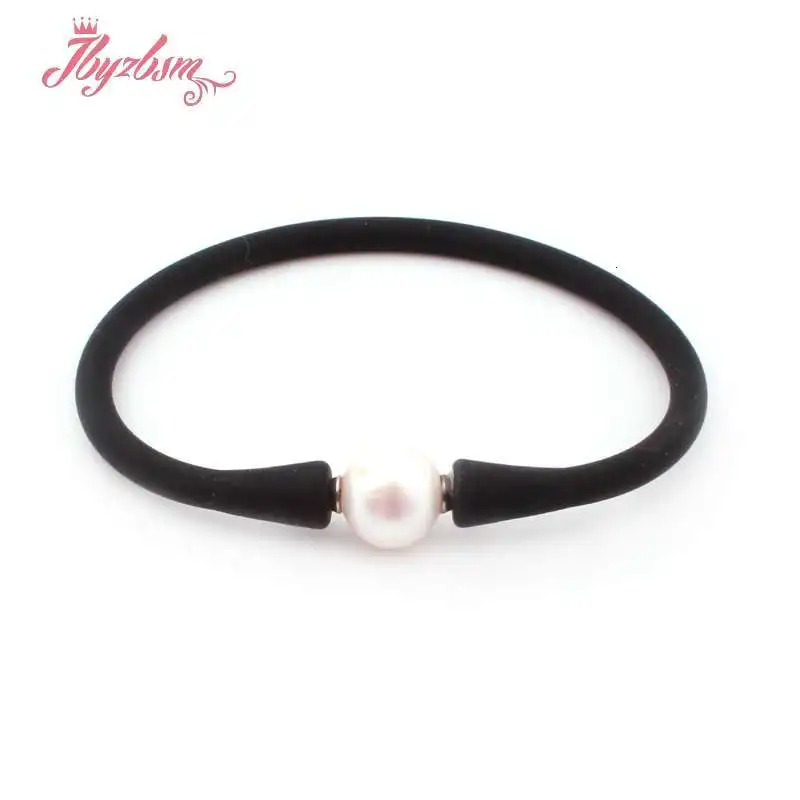 Black Bracelet 10 мм пресноводный жемчуг Простой силиконовый браслет ожерелье натуральный камень Бусины Спортивный Стиль Повседневный водонепроницаемый для женщин подарок - Окраска металла: Black Bracelet
