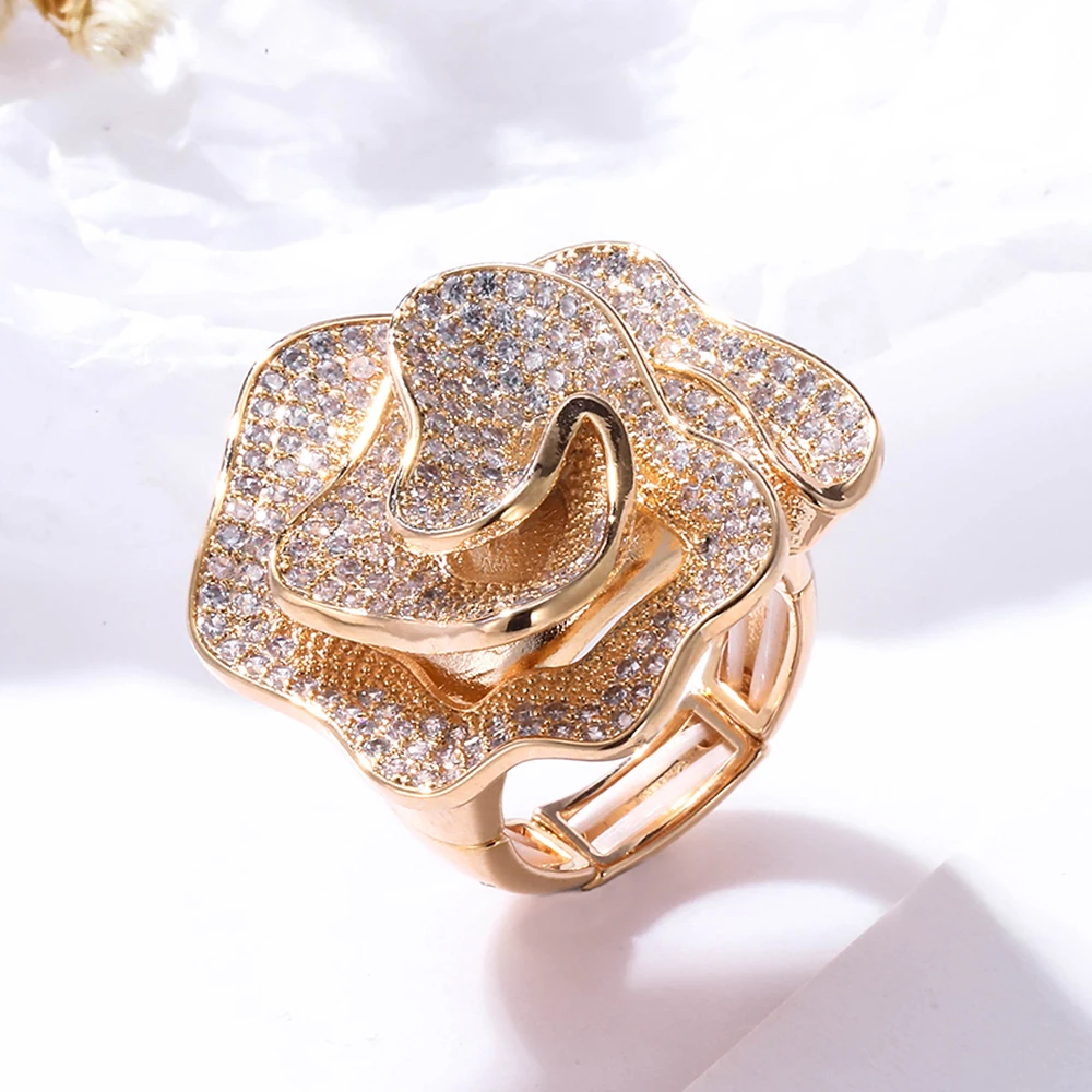 

New Light luxury Rose Flower Sharp Big Zircon Stone Finger Rings for Women Gold Color Adjustable Wedding Ring Engagement Jewelry
