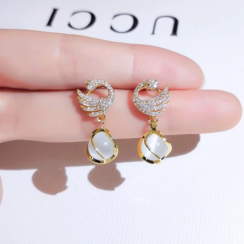 

New Fashion Fine 14K Real Gold Swan Earrings for Women Temperament High Quality Opal Jewelry AAA Zircon S925 Silver Needle Hot