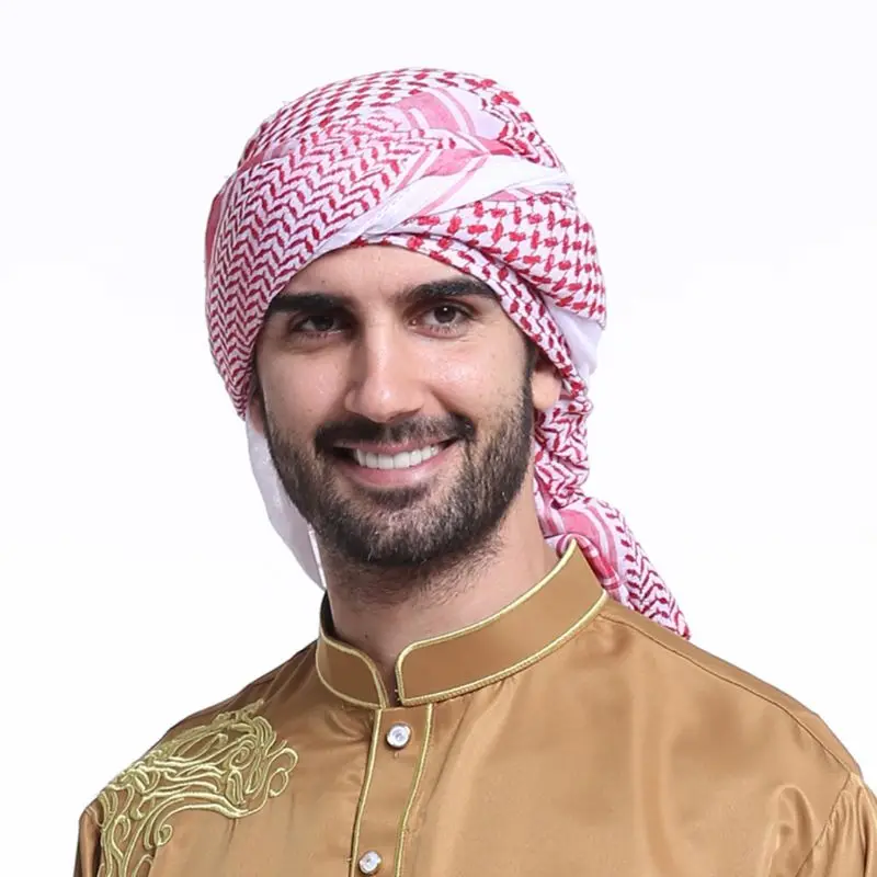 

W3JF 140x140CM Mens Headscarf Turban Hat Muslim Arab Dubai Retro Geometric Wavy Patterns Jacquard Square Scarf Shawl Islamic