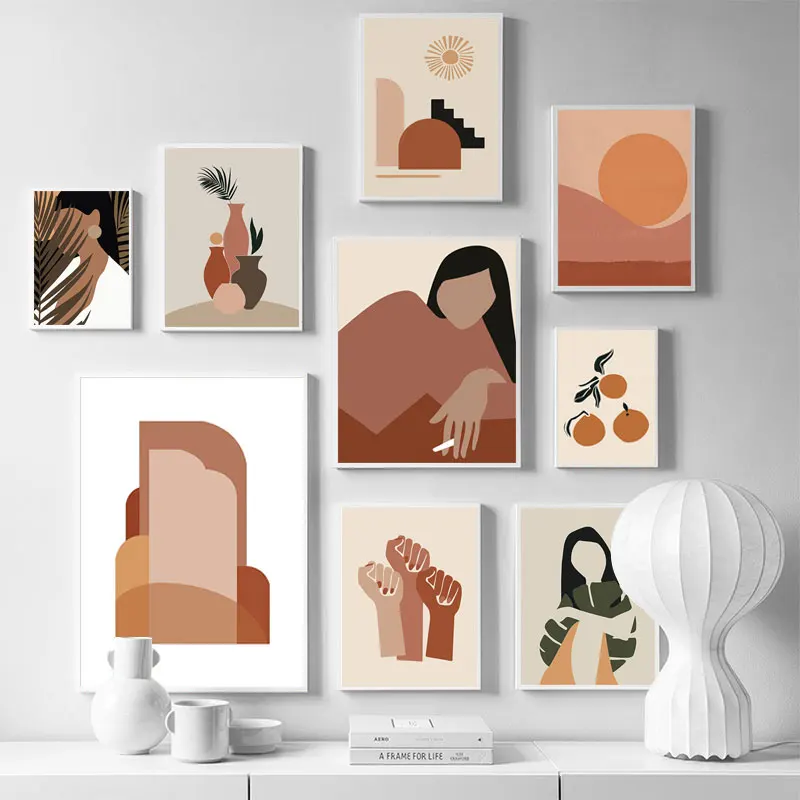Абстрактная девушка оранжевая винтажная Скандинавская настенная Картина на