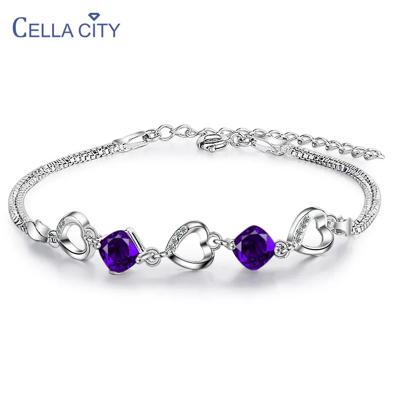 Женский браслет в форме сердца из серебра 925 пробы с аметистом и кристаллами